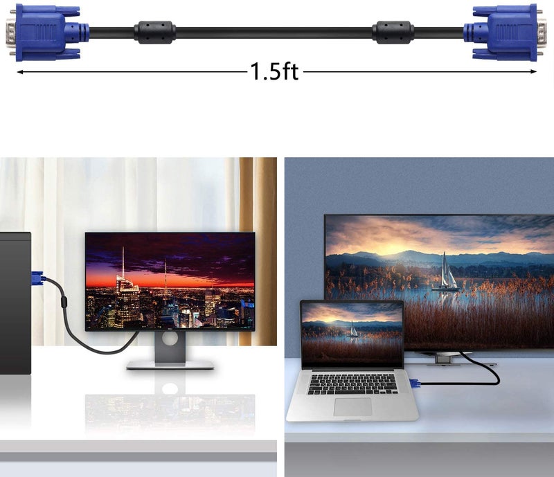 PASOW كابل شاشة VGA إلى VGA HD15 ذكر إلى ذكر للتلفاز والكمبيوتر والبروجيكتور (1.5 قدم) - Image 4
